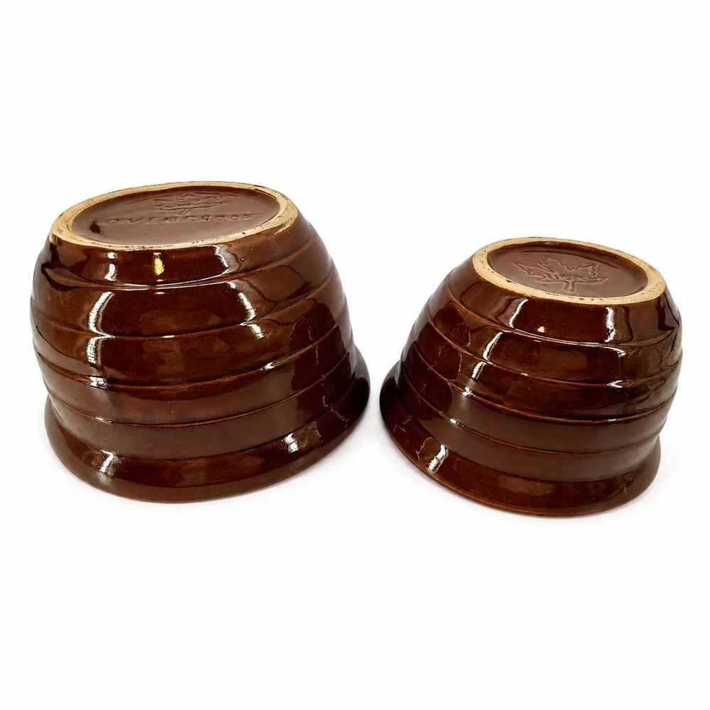 Monmouth Pottery Beehive Mixing Bowls Stoneware Set 2 USA Maple Leaf Brown